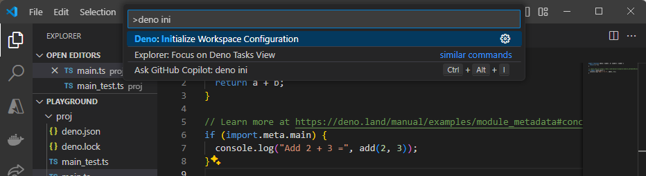 VSCode 命令面板中选择了 Deno: Initialize Workspace Configuration 选项